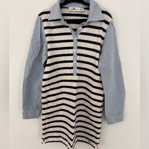 VINEYARD VINES Girls XS (5-6) Ivory Navy Stripe Oxford Long Sleeve Shirt Dress